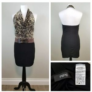 Ripe M Leopard Belted Draped Halter Mini Dress